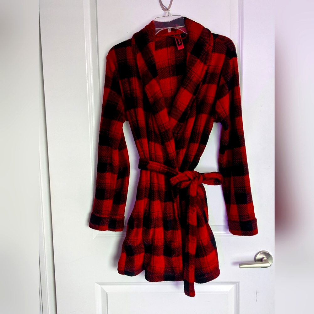 LA SENZA Buffalo Plaid Lumberjack Belted Shorty Bath Robe/Housecoat